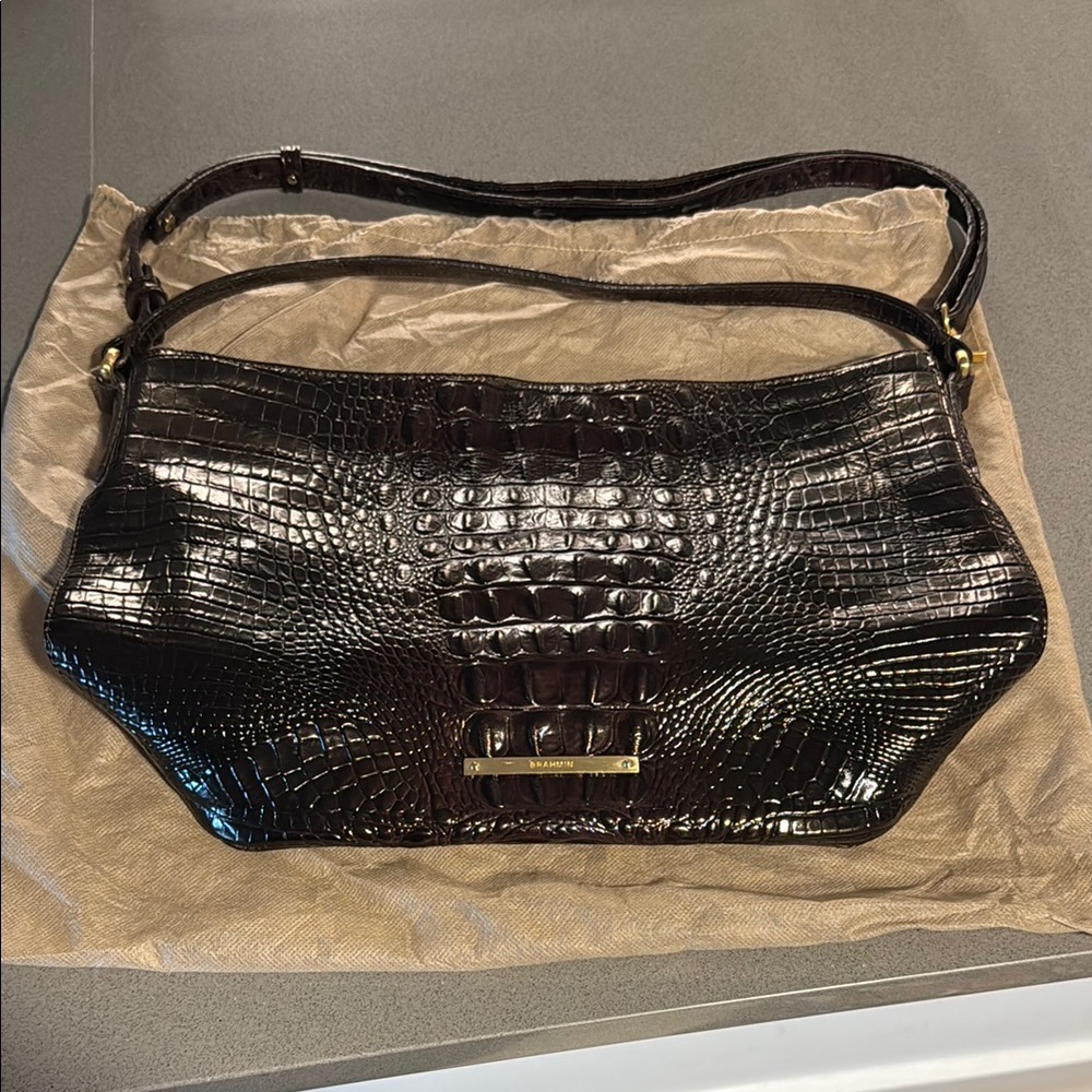 Brahmin dark brown croc-embossed shoulder bag with top carry strap